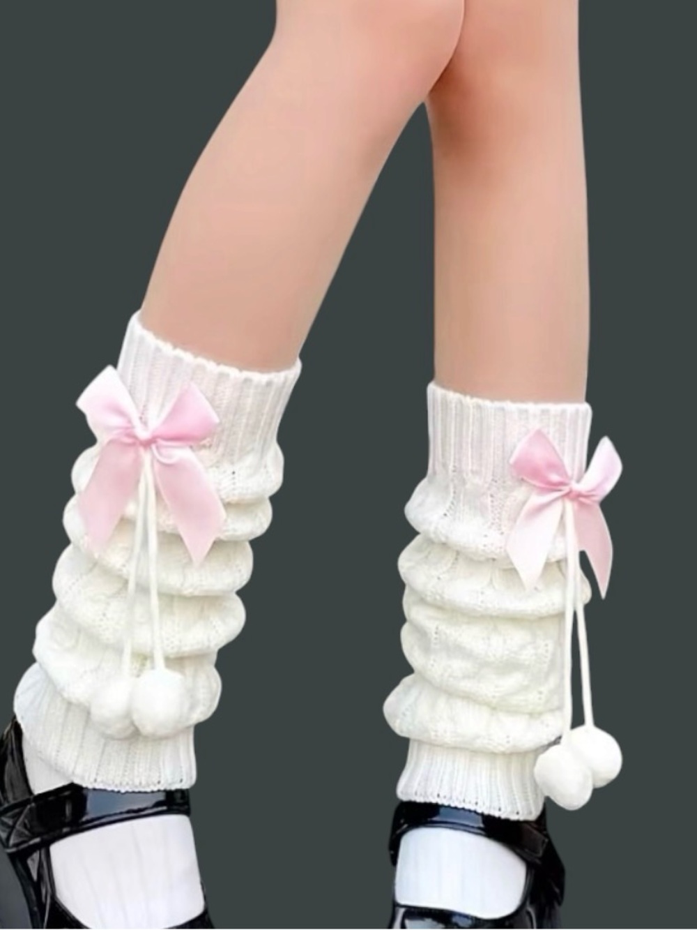 Knit Pom-Pom Bow Leg Warmers - White with Pink Bow or Blue Bow PICK 1 PAIR